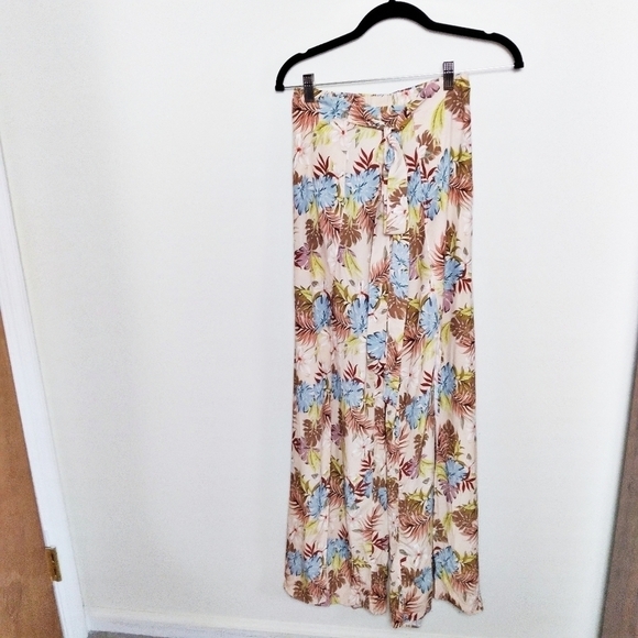 DREW Pants - Drew Beige Tropical Leaf Print Wide Split Leg Pants Size Xs NWT